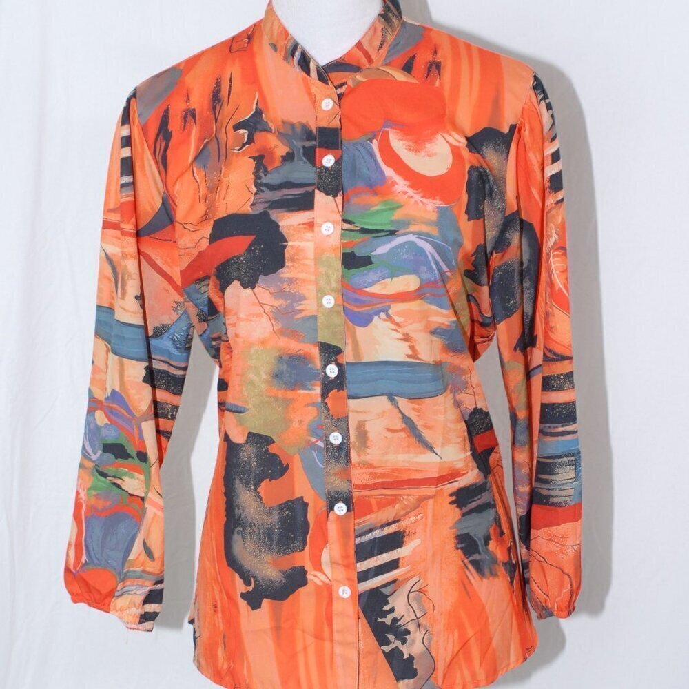 Abstract Orange Nature Button Down Blouse Womens Large Top ¾ Long Sleeve EUC